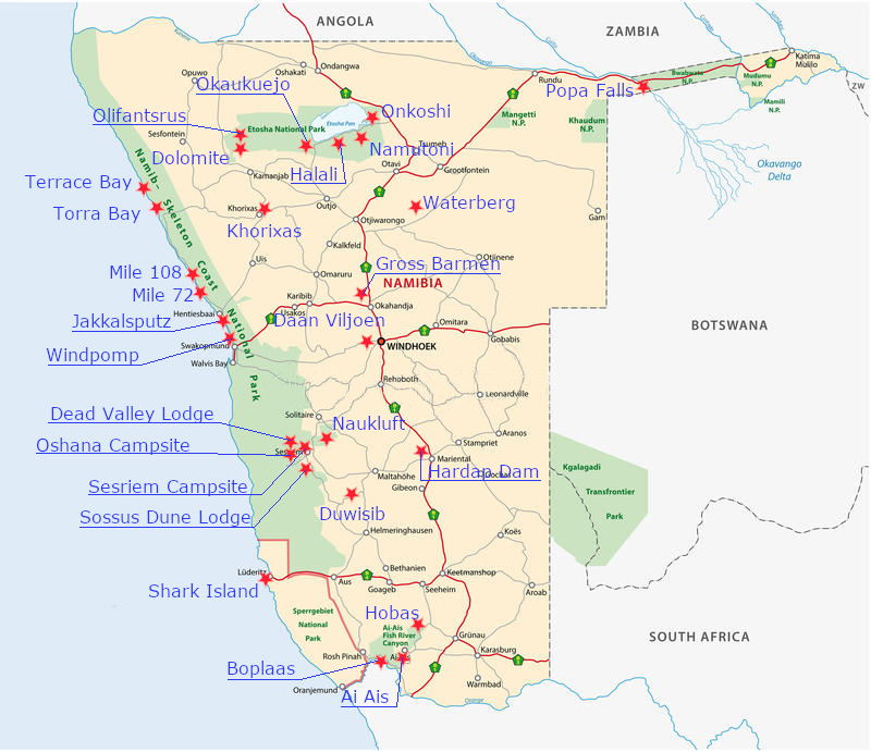 Map of NWR Resorts across Namibia