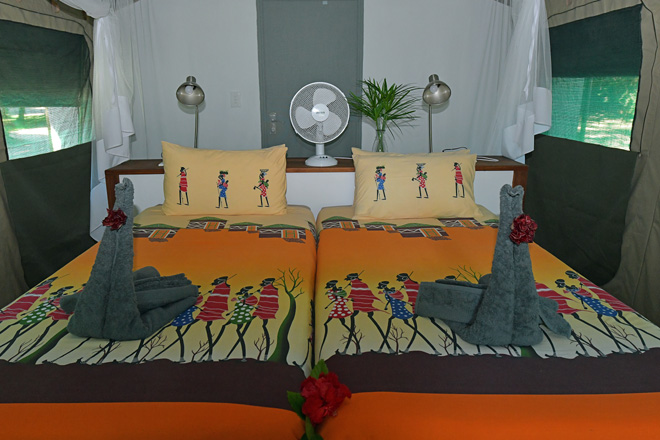 Interior of safari tent at Zambezi Mubala Camp Caprivi Namibia